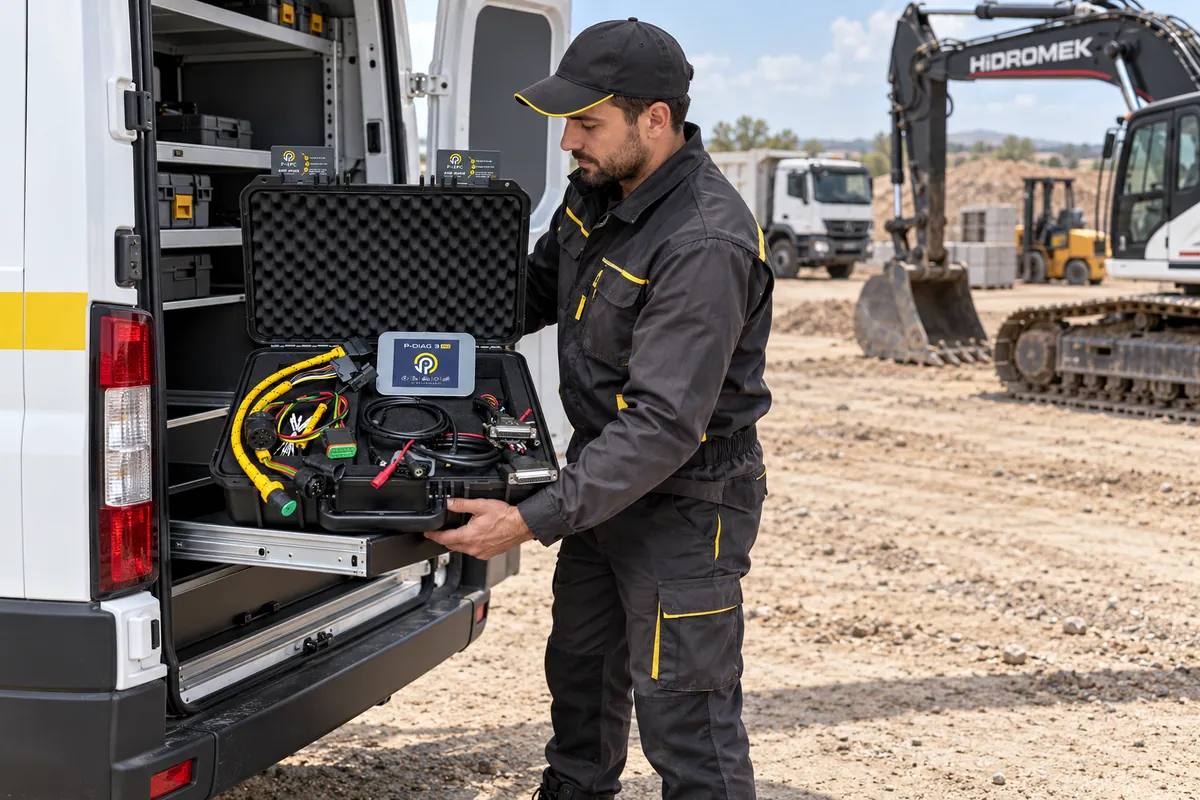 Teknisyen servis aracından P-DIAG 3 PRO setini çıkarıyor; yanında ekskavatör, geride kamyon ve forklift bulunan temsili saha