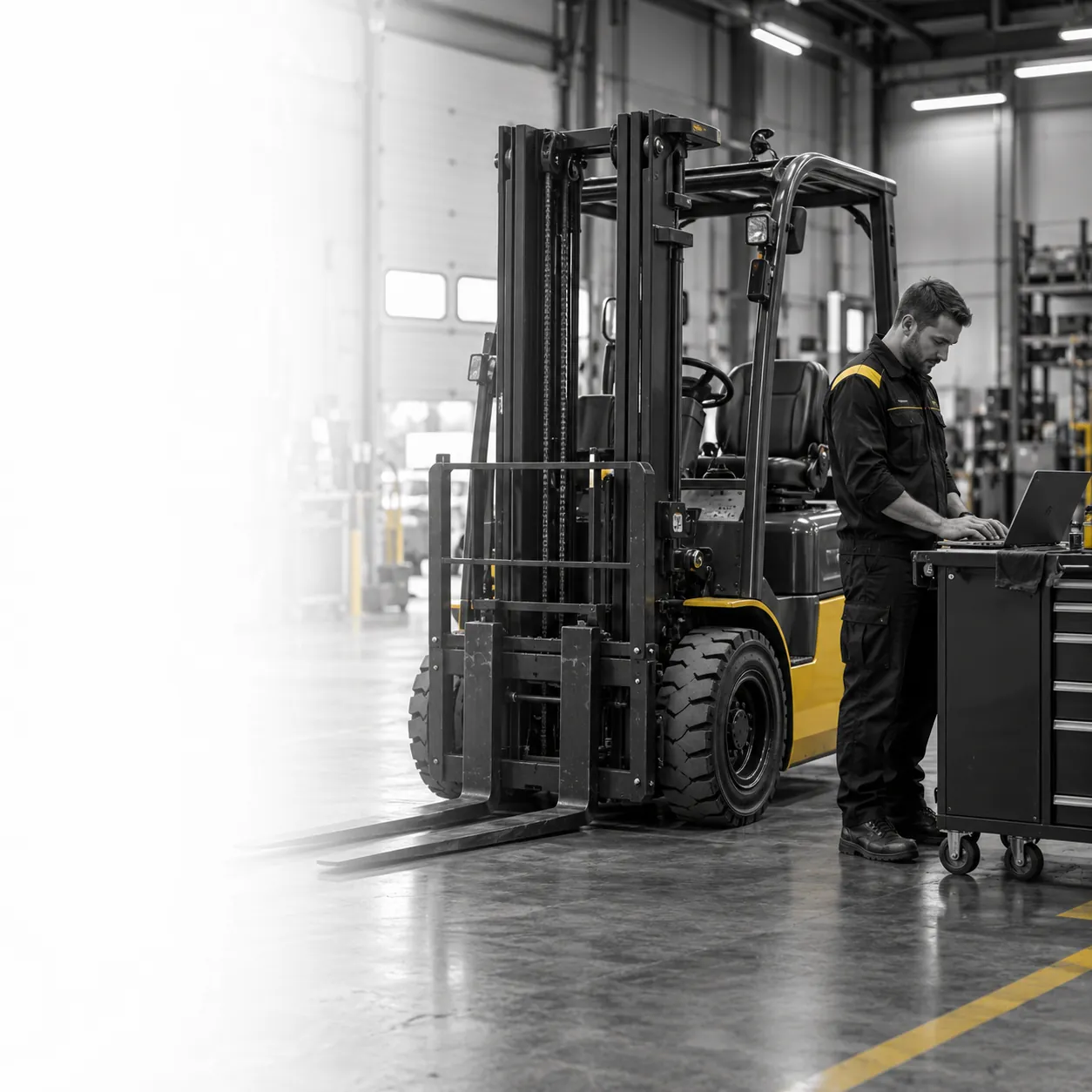 Temsili fotoğraf: depoda forklift yanında diagnostik çalışması yapan teknisyen
