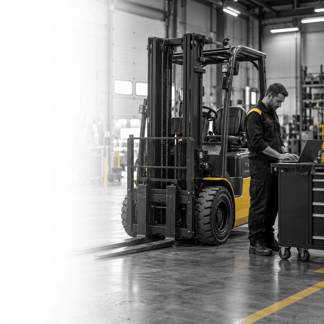 Temsili fotoğraf: depoda forklift yanında diagnostik çalışması yapan teknisyen